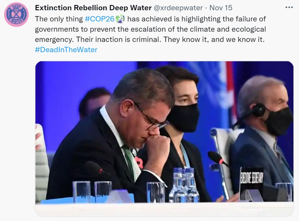 Extinction Rebellion Deep Water tweet re COP26 15-11-2021